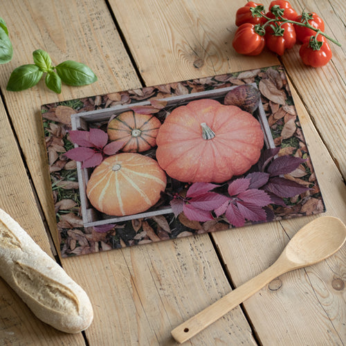 Personalised photo chopping board with autumnal print